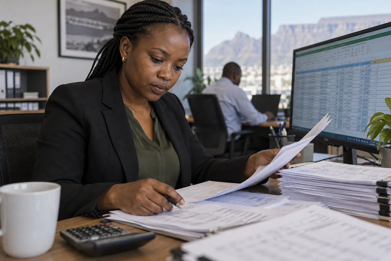 Close editorial view of an analyst reconciling printed customer records beside a spreadsheet screen with unreadable text