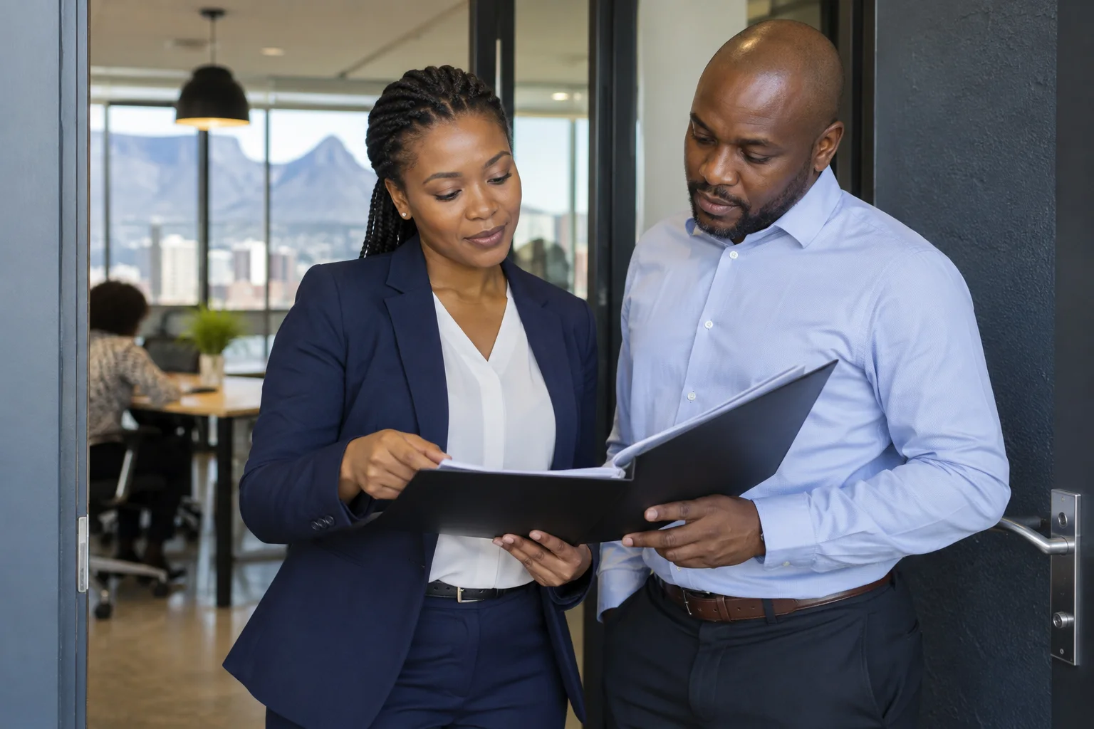 A professional woman checking a handover folder with a colleague at an office doorway