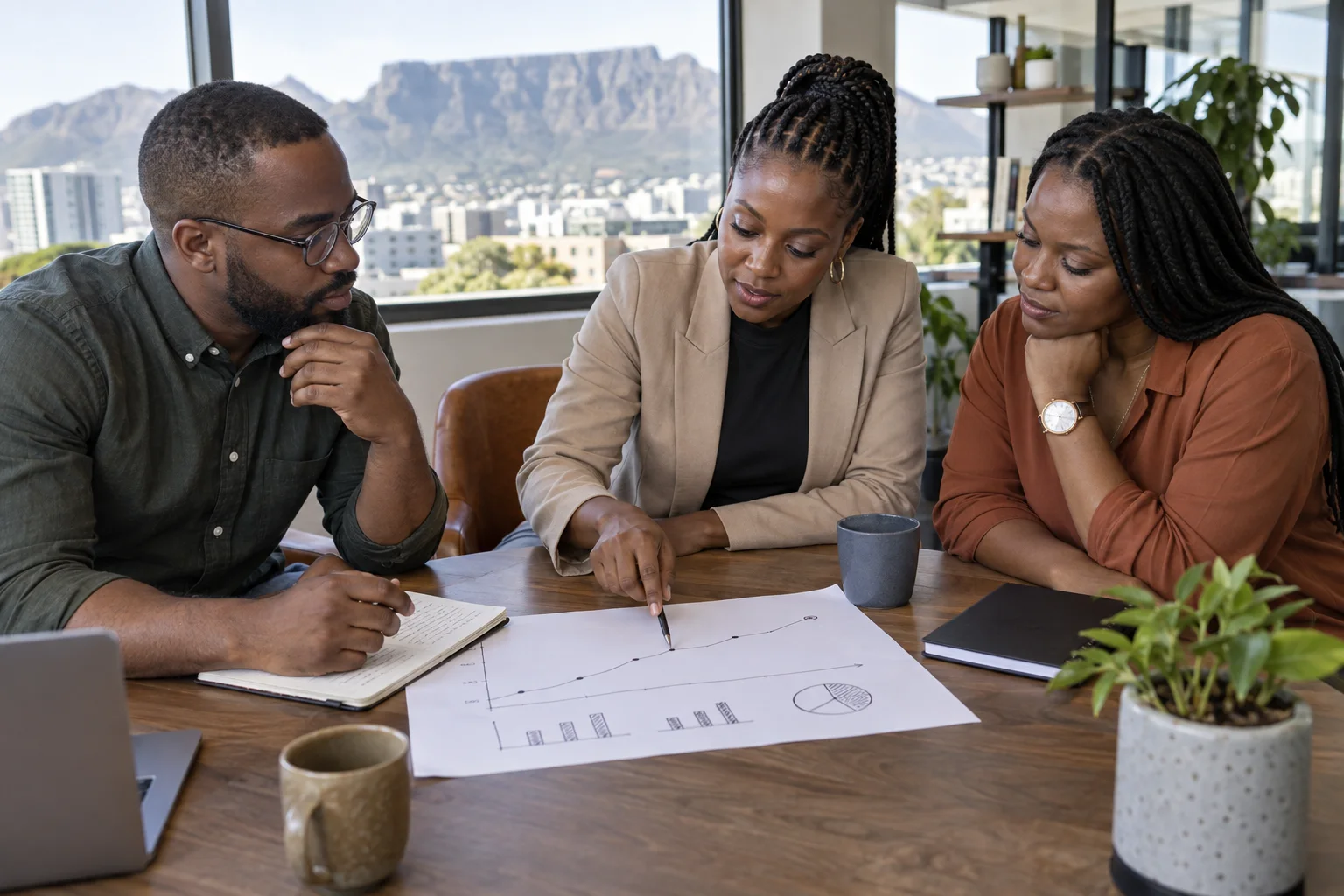 Three South African colleagues reviewing a pilot progress chart drawn simply on paper at a round table