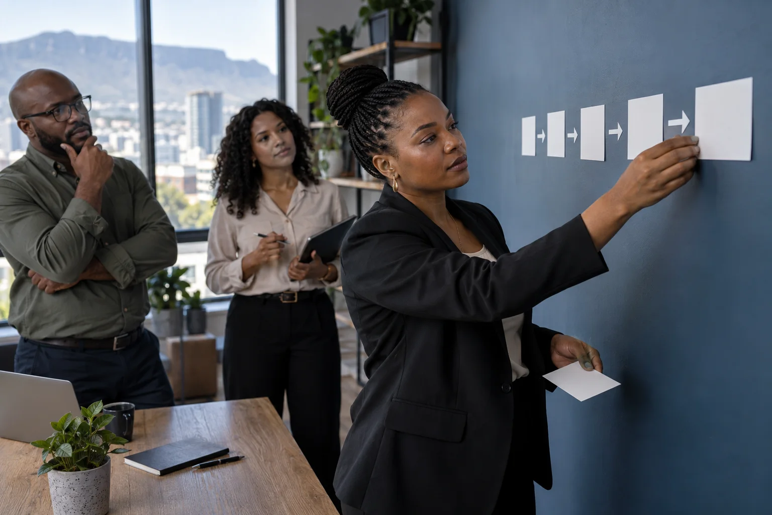 Sales operations manager mapping customer relationship stages using blank cards on a blue-grey office wall