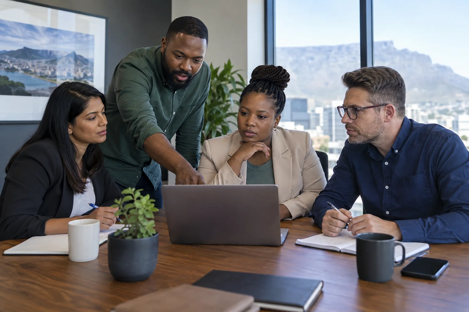 A small sales team setting up a controlled pilot experiment around one laptop in a meeting room